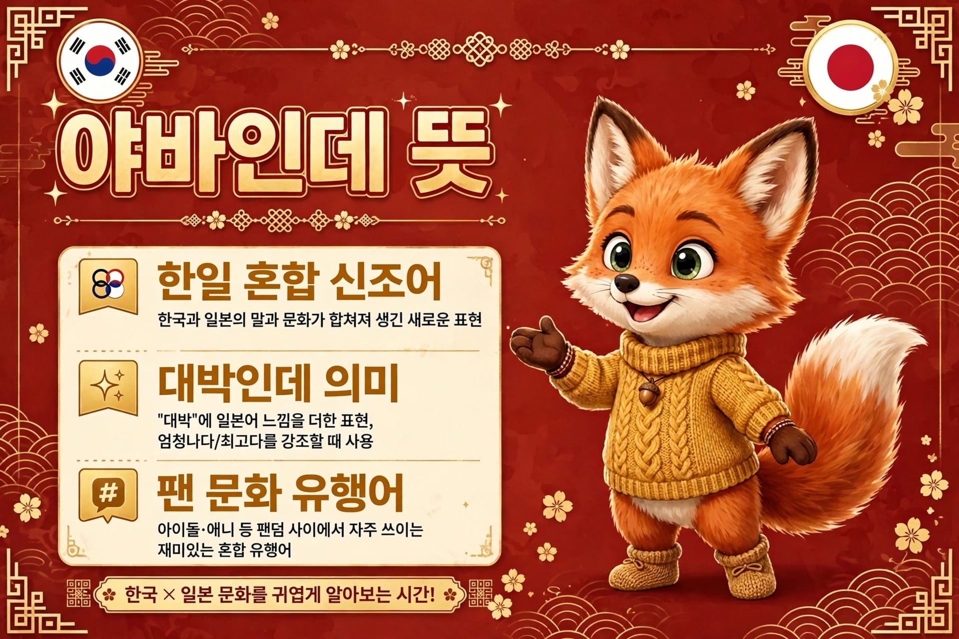 한국과 일본의 문화와 언어의 융합을 주제로 한 그래픽, 귀여운 여우 캐릭터가 노란색 스웨터를 입고 포즈를 취하고 있으며, "야바인 데 뜻"이라는 제목과 함께 다양한 설명이 포함되어 있는 이미지.