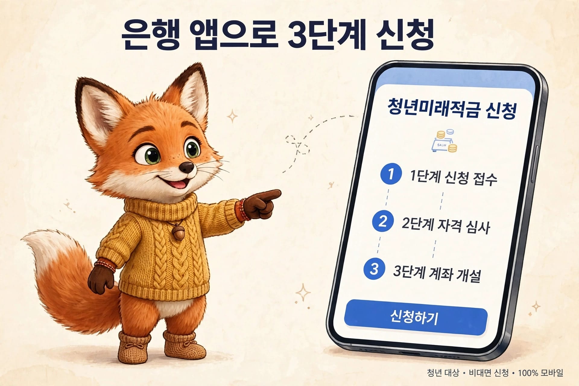 청년미래적금 신청 방법을 안내하는 이미지로, 귀여운 여우 캐릭터가 스마트폰 화면을 가리키며 3단계 신청 절차를 설명하고 있다.