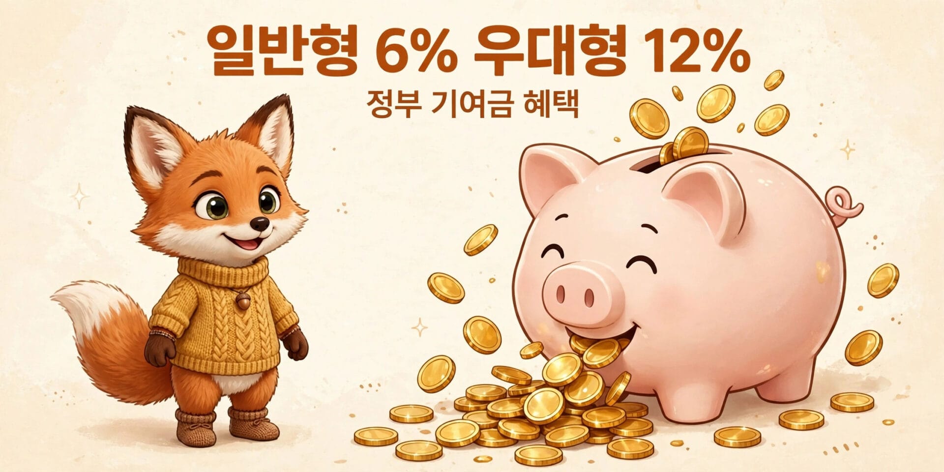 귀여운 여우 캐릭터와 동전이 쏟아지는 저금통 일러스트, 일반형 6%와 우대형 12% 정부 기여금 혜택을 강조하는 이미지.