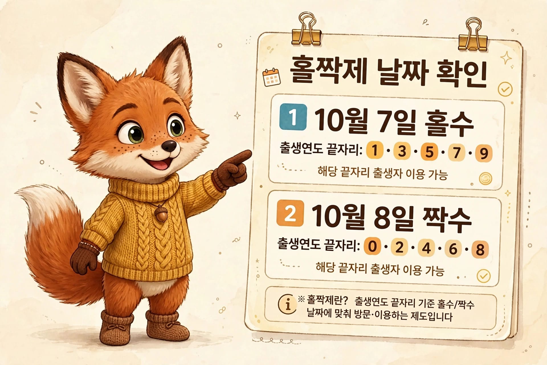 청년미래적금 홀짝제 날짜 확인 안내 이미지, 10월 7일 홀수 출생연도 1, 3, 5, 7, 9 및 10월 8일 짝수 출생연도 0, 2, 4, 6, 8 해당자 이용 가능. 귀여운 여우 캐릭터가 손가락으로 가리키고 있음.