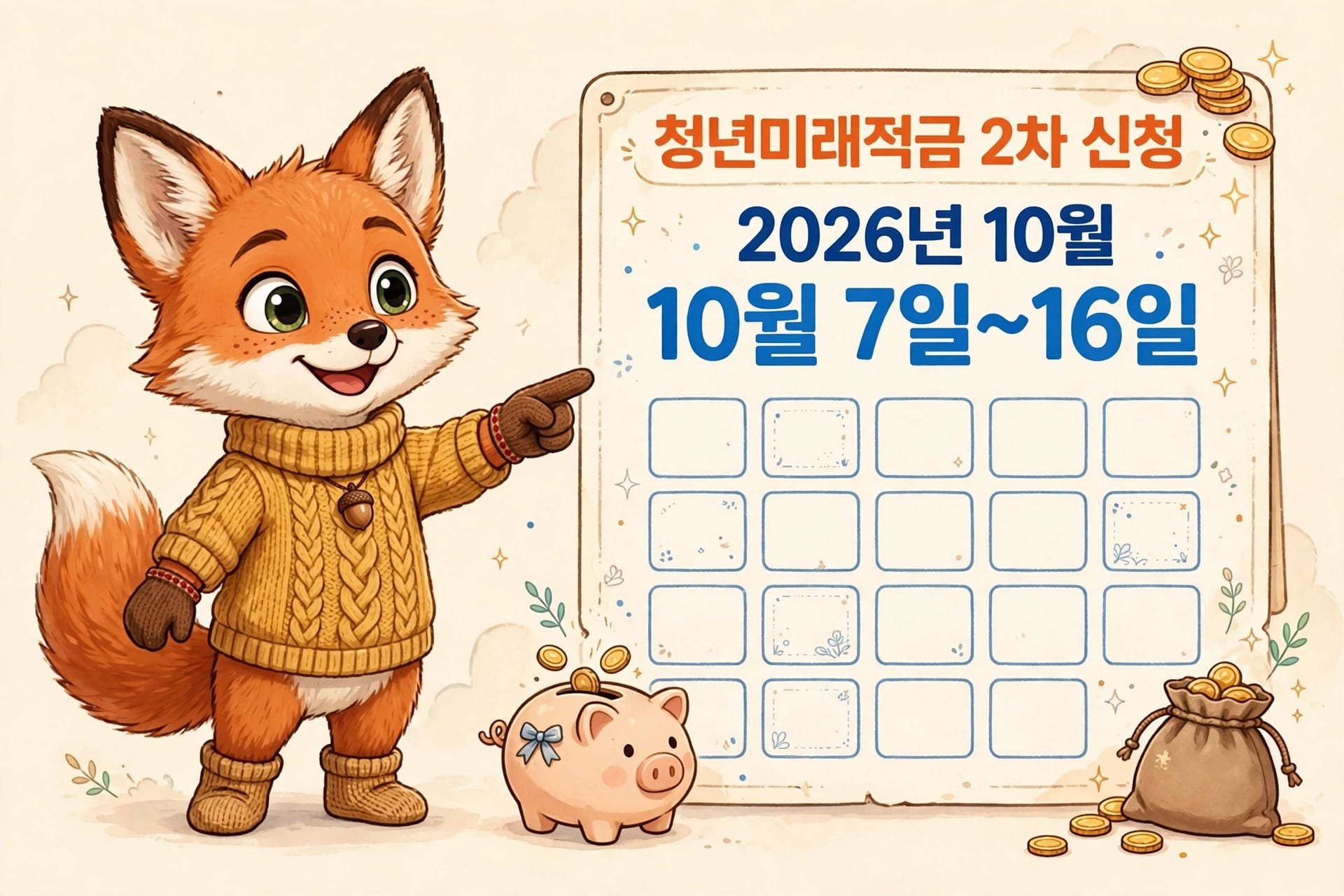 청년미래적금 2차 신청을 알리는 이미지로, 귀여운 여우 캐릭터가 2026년 10월 7일부터 16일까지의 신청 기간을 강조하고 있으며, 돼지 저금통과 동전 주머니가 함께 그려져 있습니다.