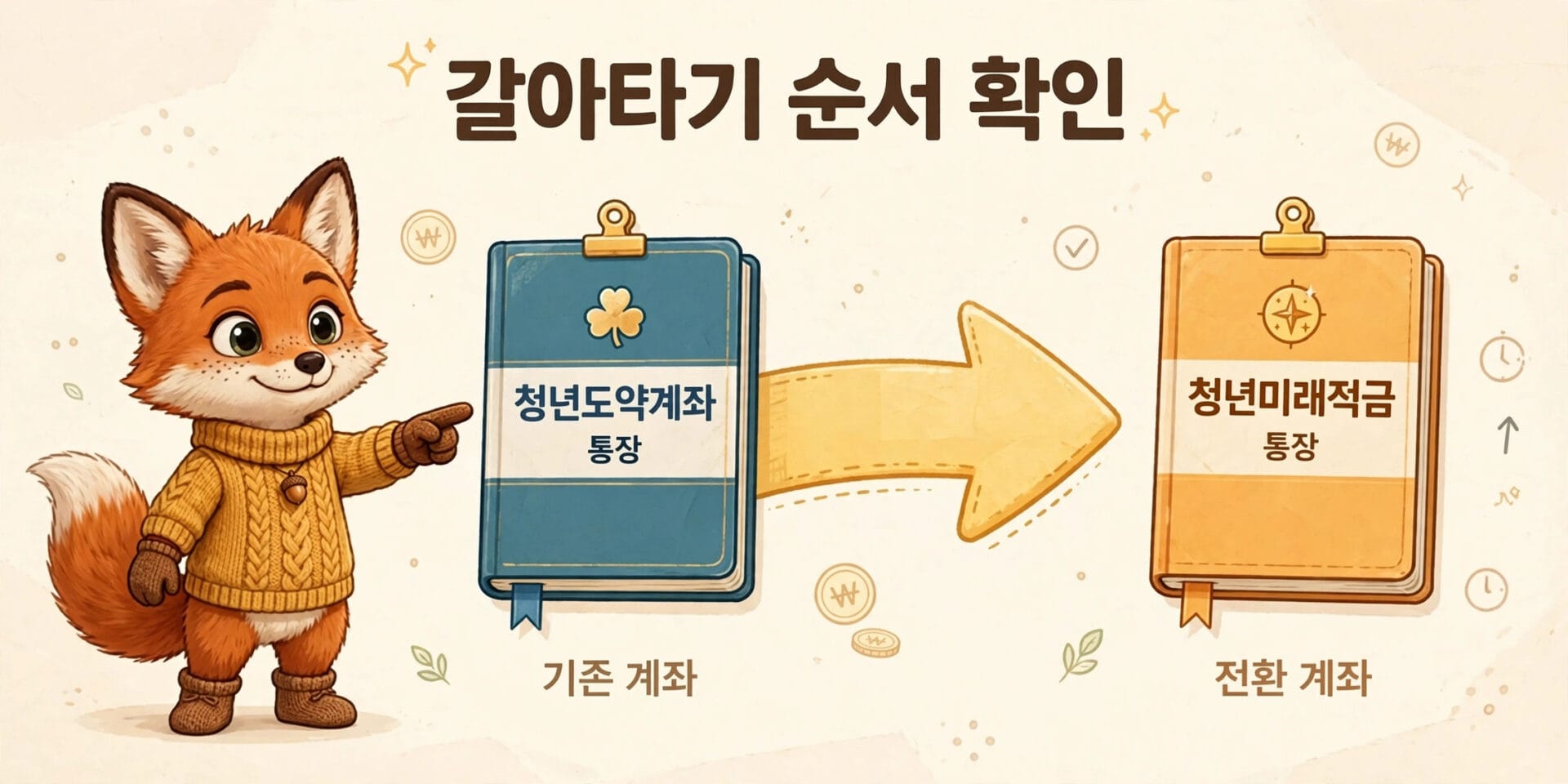 청년미래적금 신청 방법을 안내하는 이미지로, 귀여운 여우 캐릭터가 청년도약계좌에서 청년미래적금으로의 전환을 설명하고 있다.