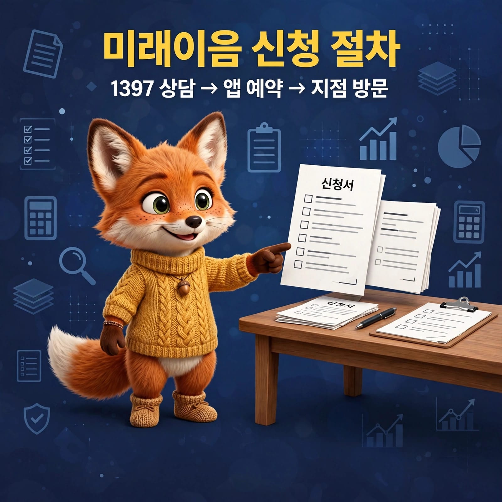 미래이음 대출 신청 절차를 안내하는 이미지로, 귀여운 여우 캐릭터가 신청서를 가리키고 있으며, 배경에는 다양한 금융 관련 아이콘과 그래프가 포함되어 있습니다.