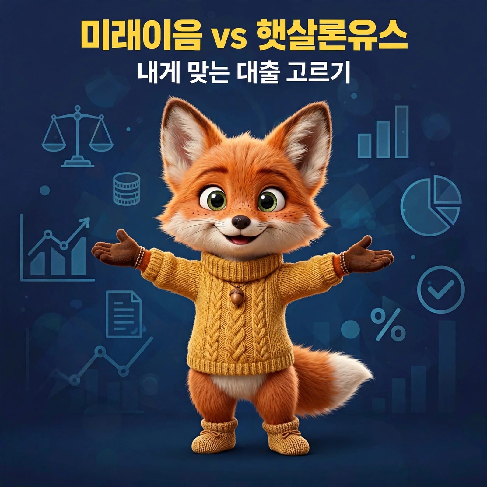 미래이음과 햇살론유스를 비교하는 귀여운 여우 캐릭터가 대출 선택을 안내하는 이미지, 배경에는 금융 그래프와 차트가 포함되어 있어 대출 정보와 조건을 시각적으로 표현.
