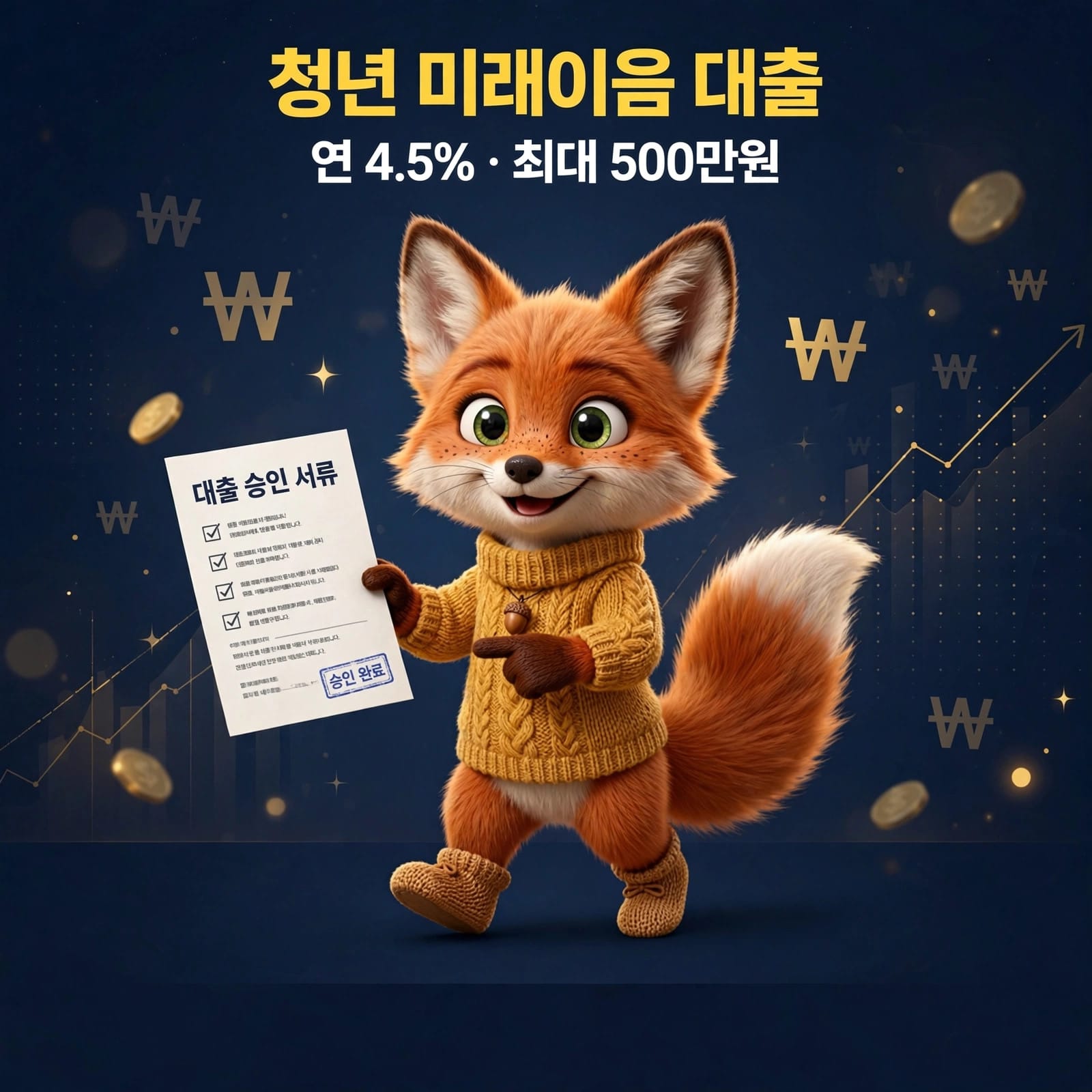 청년 미래이음 대출을 소개하는 귀여운 여우 캐릭터가 대출 승인 서류를 들고 있으며, 연 4.5% 이자와 최대 500만원 대출 조건을 강조하는 이미지.