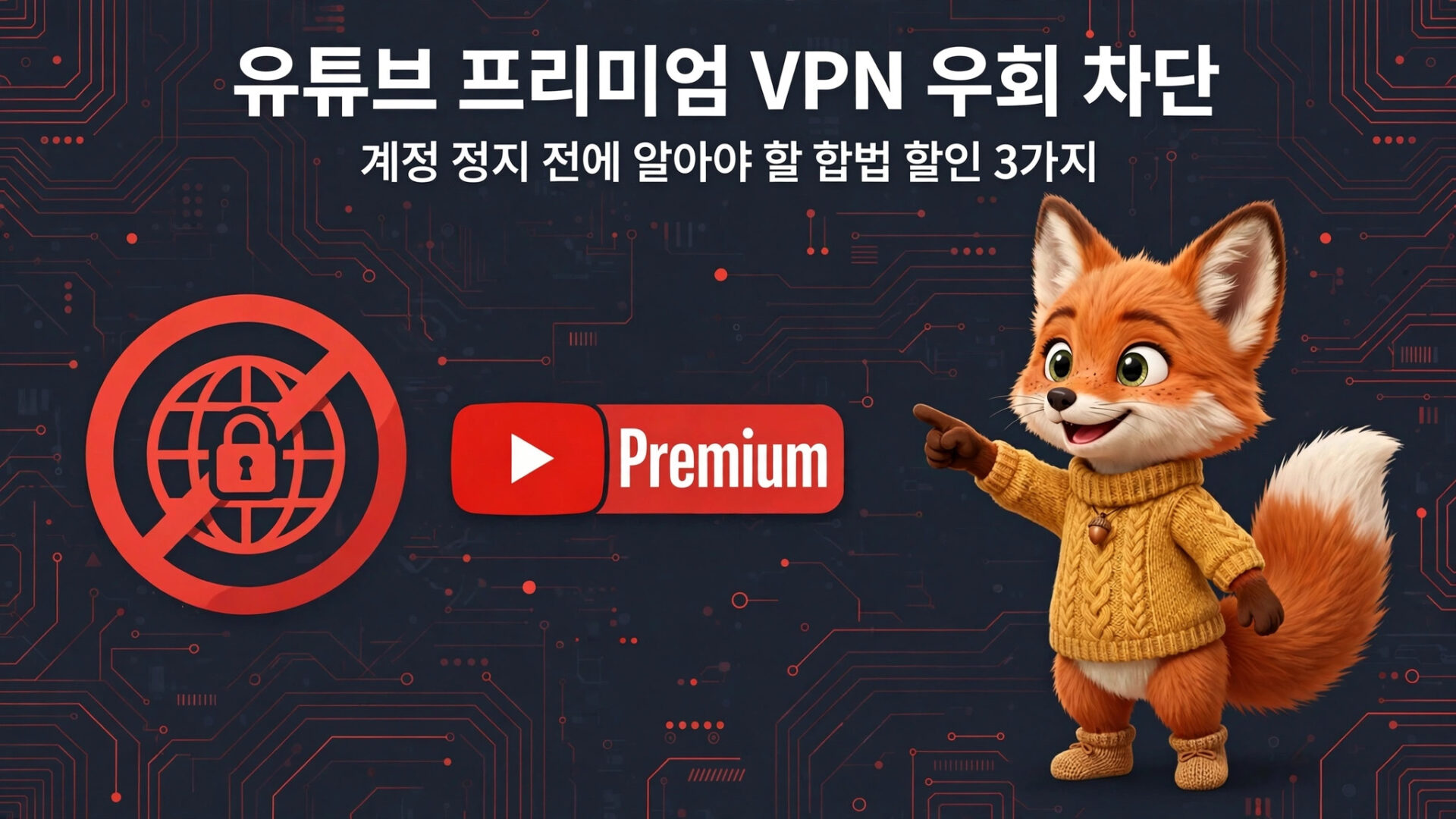 유튜브 프리미엄 VPN 우회 차단에 대한 정보, 계정 정지 전에 알아야 할 할인 방법 3가지와 관련된 이미지. 귀여운 여우 캐릭터가 손가락으로 가리키고 있으며, 배경은 디지털 회로 디자인.
