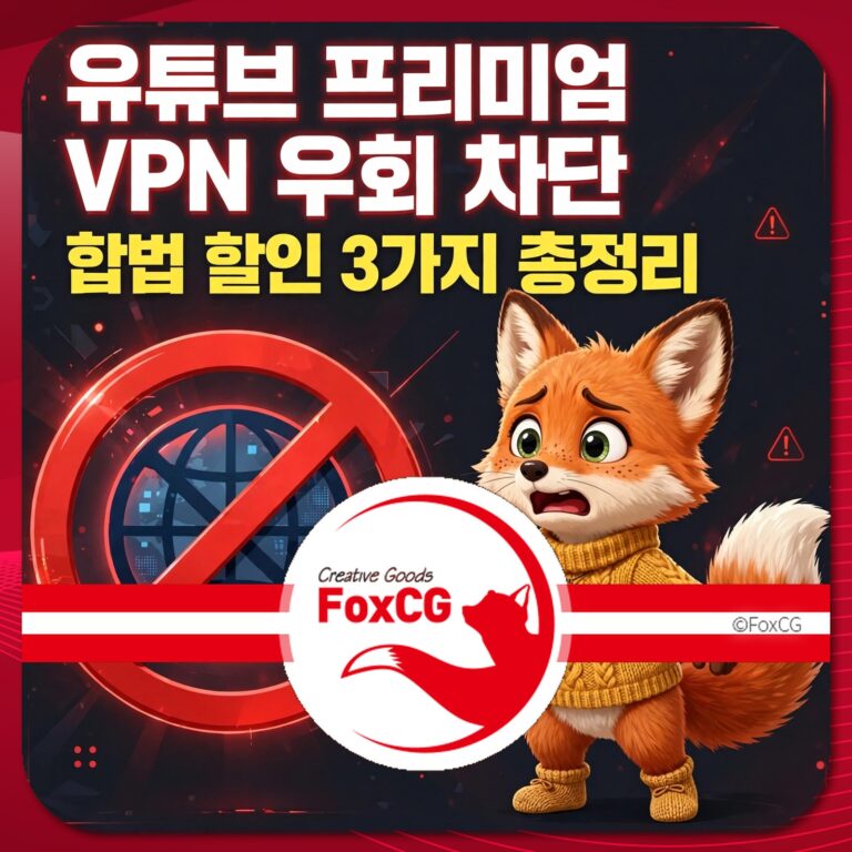 유튜브 프리미엄 VPN 우회 차단 안내 이미지, 합법 할인 정보 3가지 요약, 귀여운 여우 캐릭터가 등장하여 시청자에게 경고하는 모습.